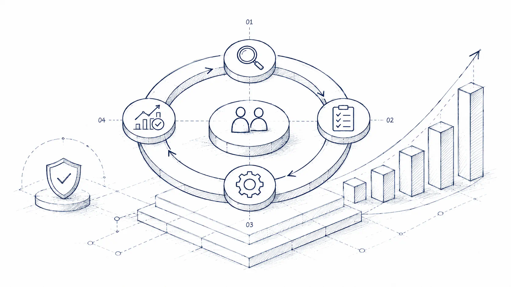Operating cycle of an ongoing engineering partnership — operate, improve, evolve — layered over applications, platform, infrastructure, and foundation, delivering reduced risk, scalability, reliability, and growing value month over month.