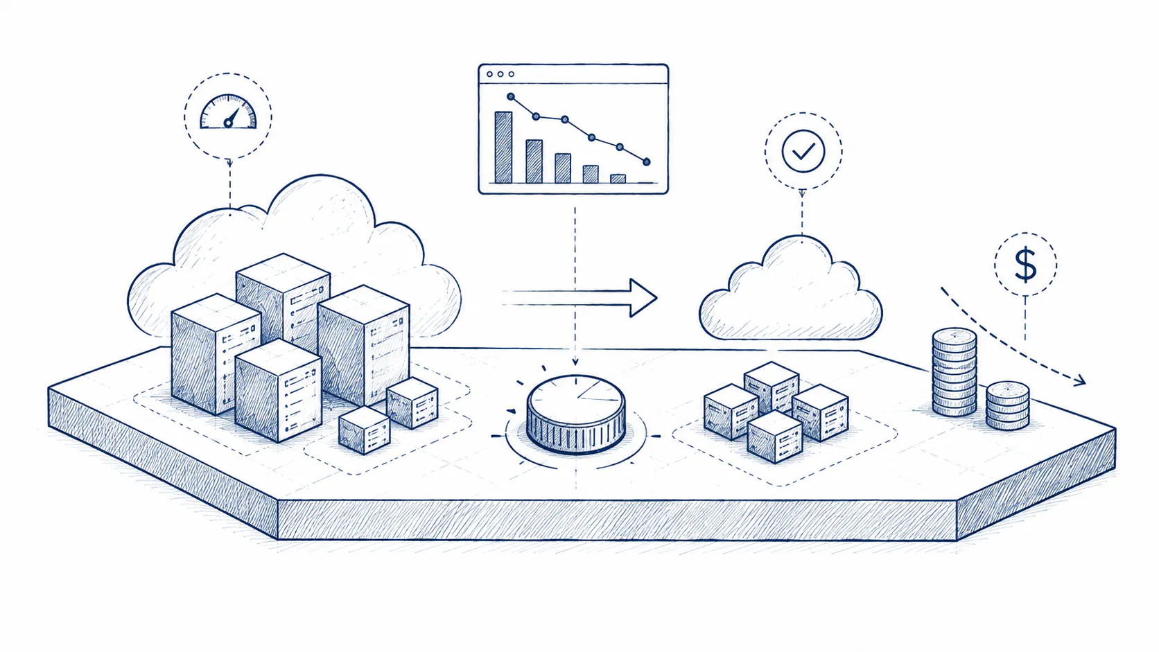 An oversized cloud footprint right-sized into a lean, efficient set of resources — falling cost trend and dollar savings alongside.