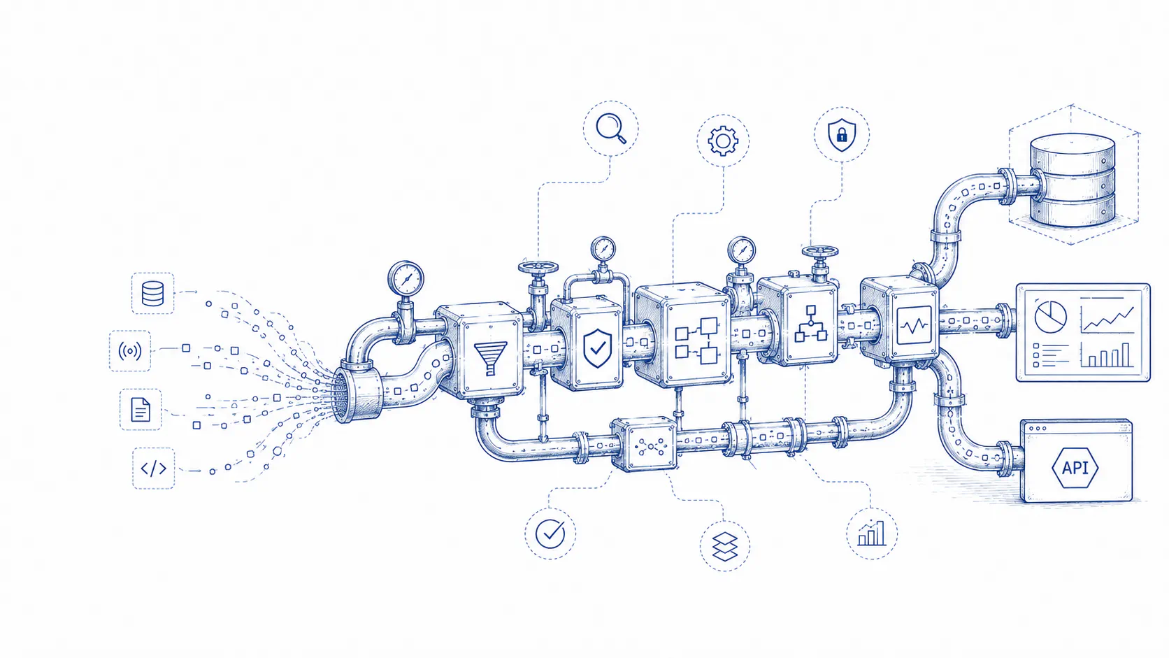 Raw data flowing through staged pipelines into a governed data platform — ingestion, transformation, quality checks, and storage feeding trusted analytics.