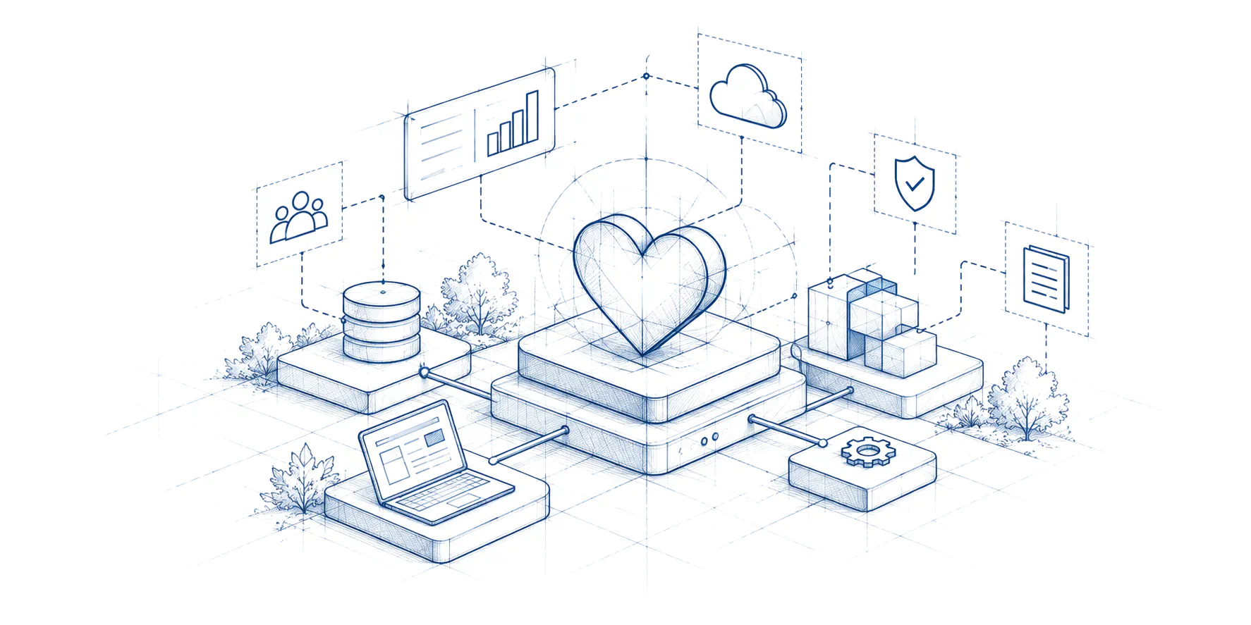 Sketch of a heart at the center of connected systems: people, reporting, cloud, security, documents, data, applications, and automation.