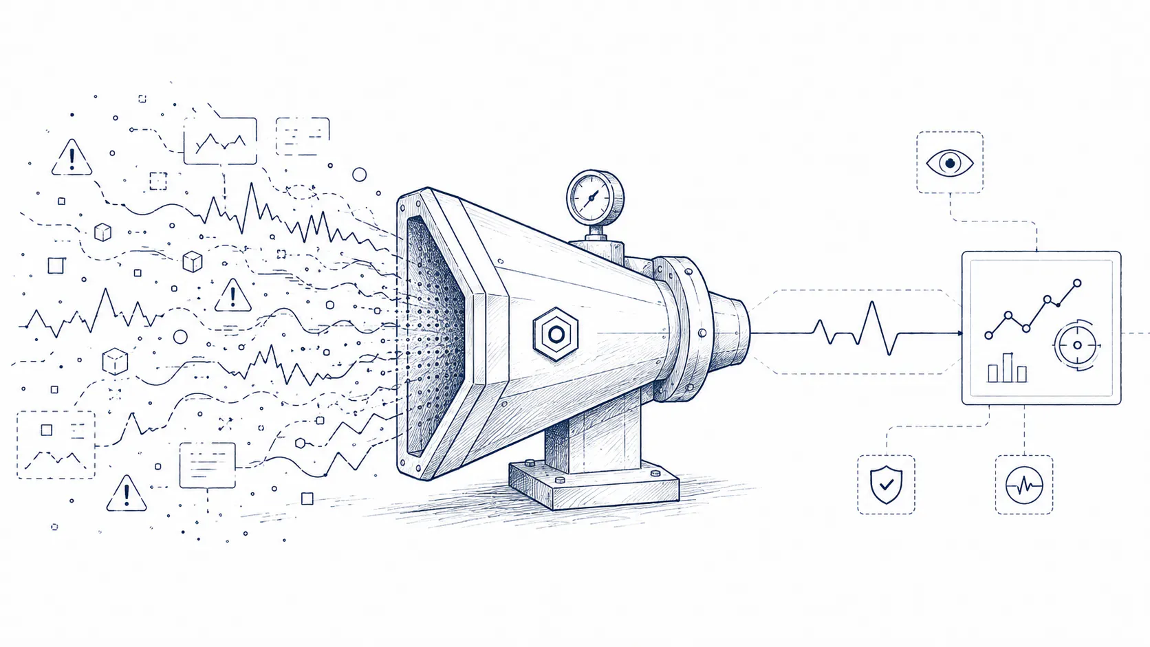 Noisy telemetry — alerts, logs, and metrics — funneled through observability tooling into a clean, actionable signal on a dashboard.