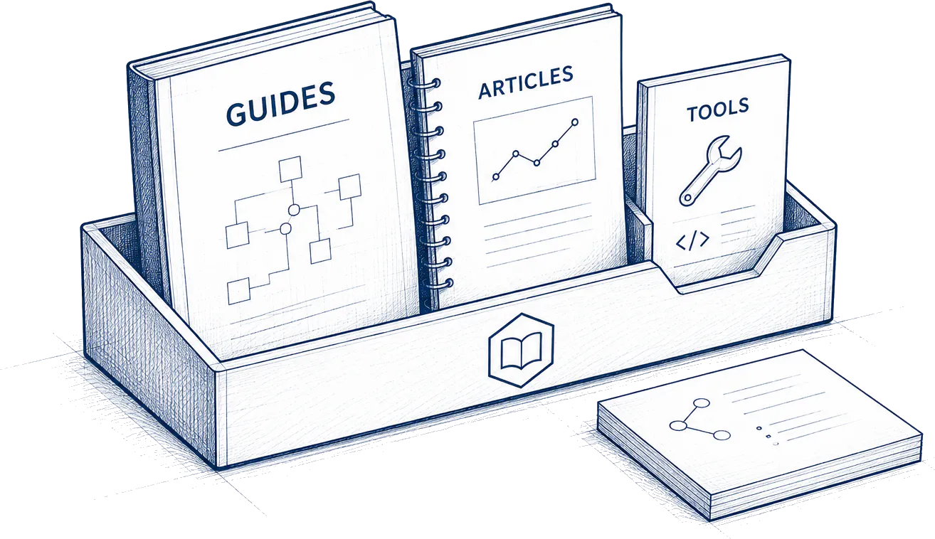A hand-drawn tray of practical resources — guides, articles, and tools — for engineering teams.