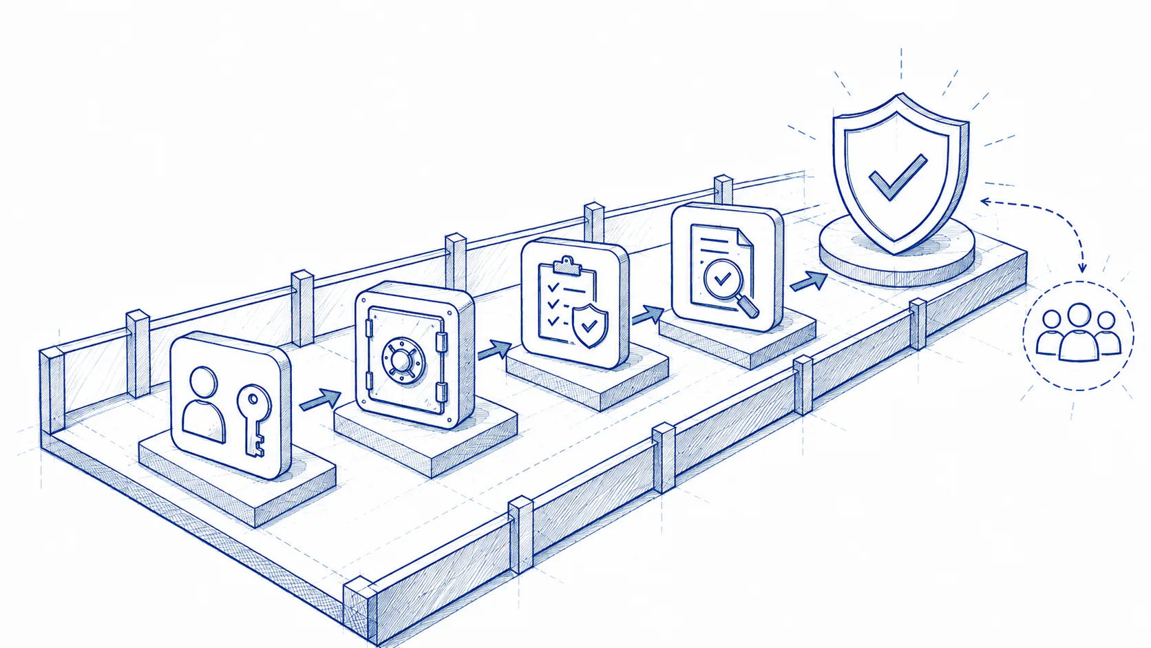 Layered security controls — identity and access, secrets, policy, and audit — guarded along a fenced path that builds up to verified, compliant operations.