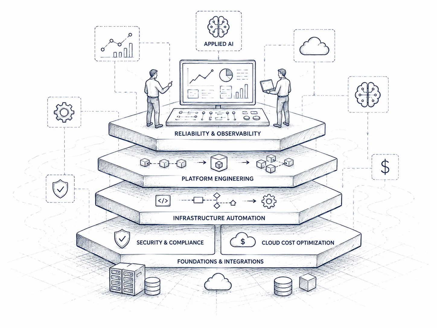 Layered diagram of Intellizu's service areas — foundation and integrations, security and compliance, infrastructure automation, platform engineering, and observability and insights — supporting cloud cost efficiency and data engineering.