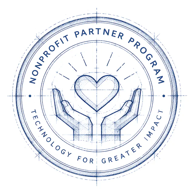 Nonprofit Partner Program seal: two open hands holding a heart, with the words Technology for Greater Impact.