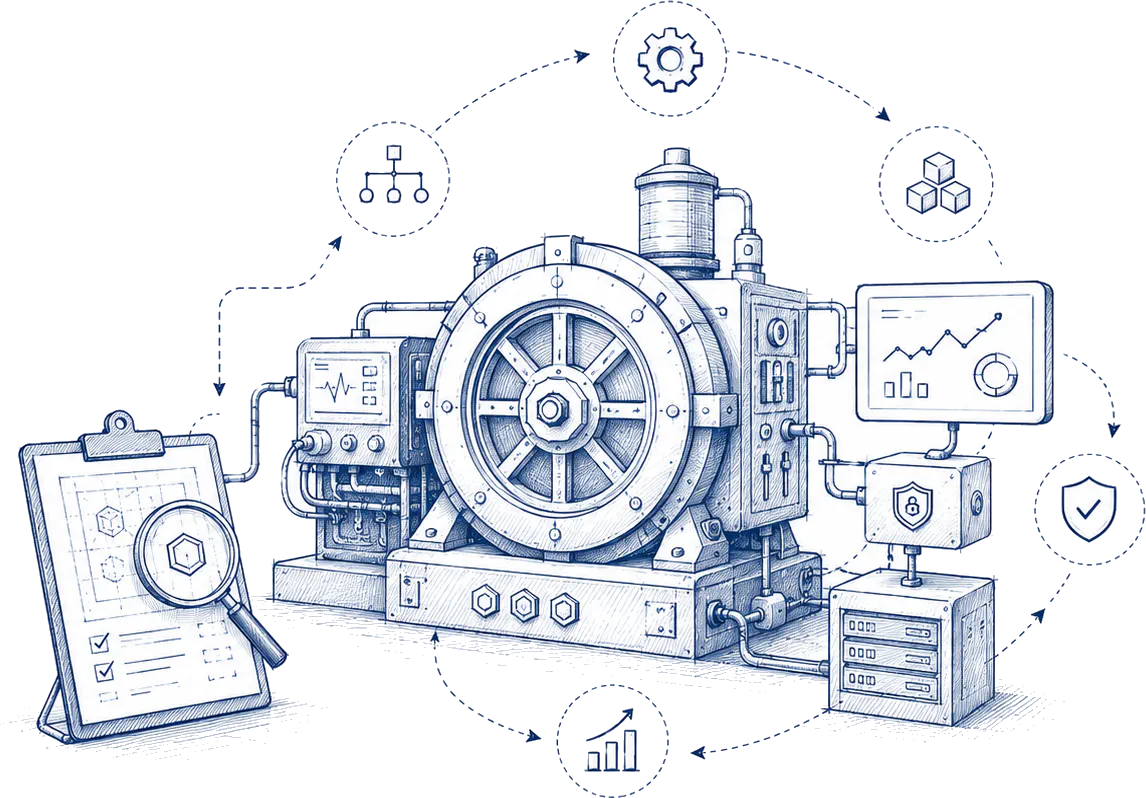 A central operating engine with each service — assessment, automation, observability, security, cost, and improvement — connected as one coordinated system.