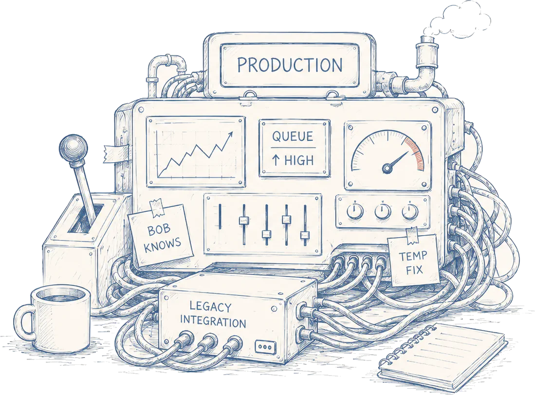 A tangled production system held together by sticky notes — 'Bob knows', 'don't touch', 'temp fix', and an outdated runbook — the hallmarks of informal ownership.