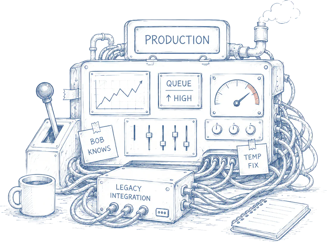 A tangled production system held together by sticky notes — 'Bob knows', 'don't touch', 'temp fix', and an outdated runbook — the hallmarks of informal ownership.