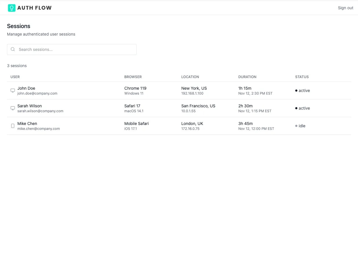 AuthFlow authenticated session management view