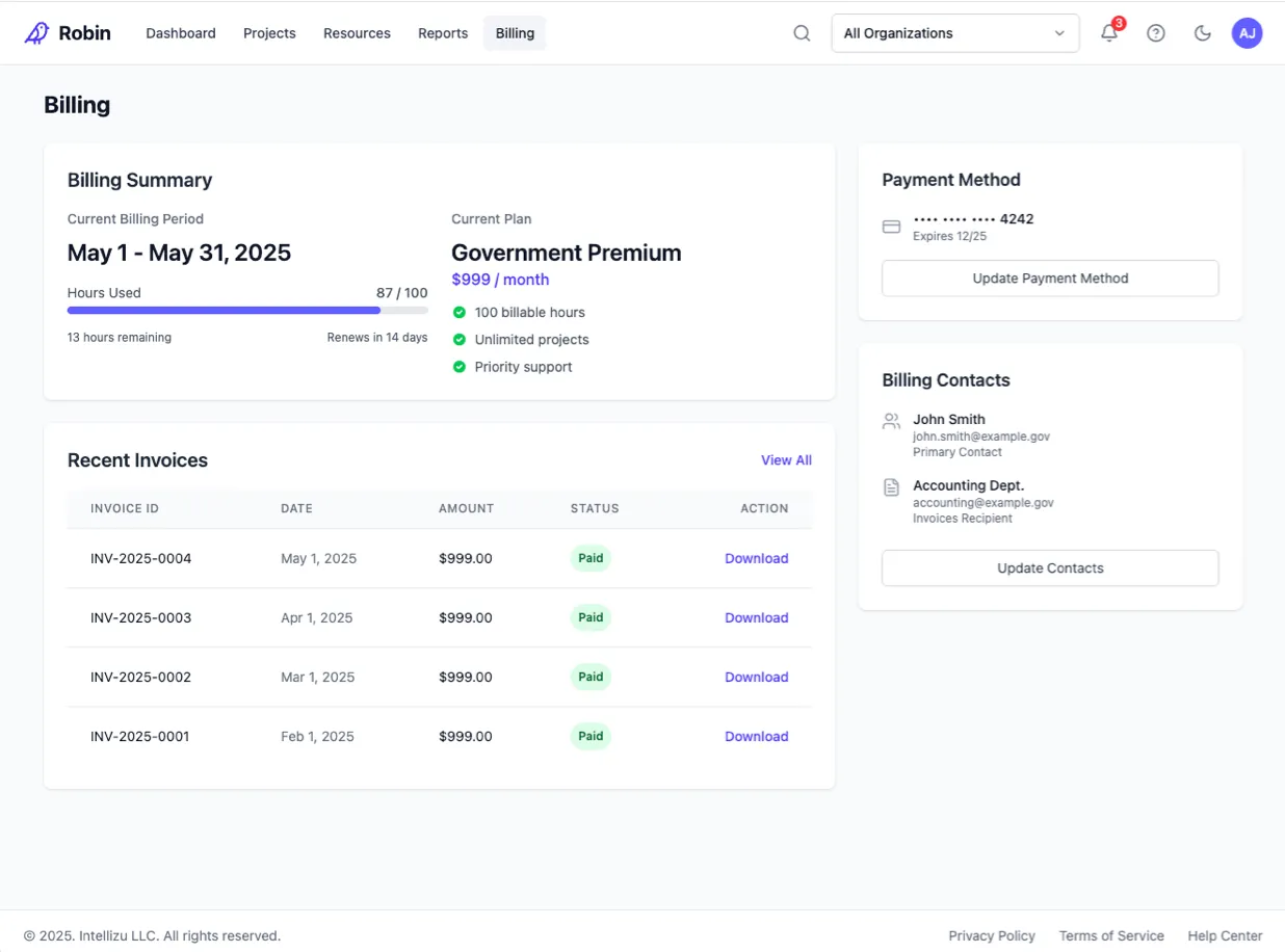 Robin billing and invoice management interface