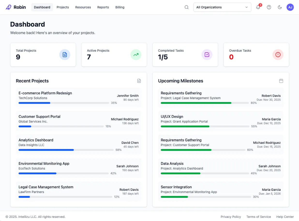 Robin CRM Dashboard - Project and Billing Management